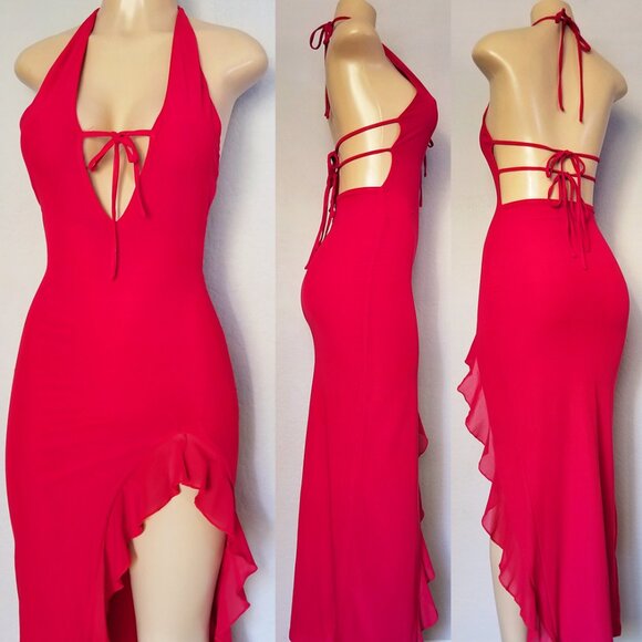 White Fox Boutique Day By Day Maxi Dress in Cherry Red XS Slit Ruffle Plunge Tie - Picture 11 of 11